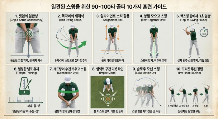 90~100타 골퍼가 스윙 일관성 향상을 위해 필요한 훈련 방법 11가지