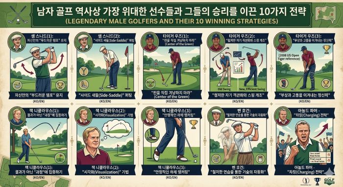 남자 골프 선수 중 우승을 많이 한 골프 선수와 우승 전략 사례를 10가지