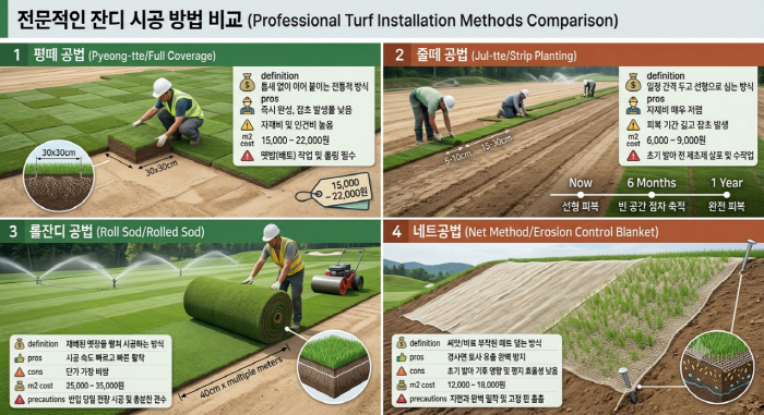 잔디 시공방법에 대한 정의, 장단점 및 m2 당 시공비(추정)와 주의사항