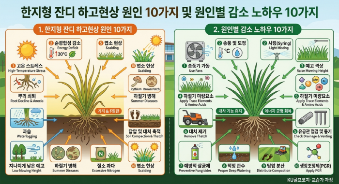 스포츠 경기장 및 골프장의 한지형 잔디 하고현상 원인 10가지와 원인별 감소 노하우 10가지
