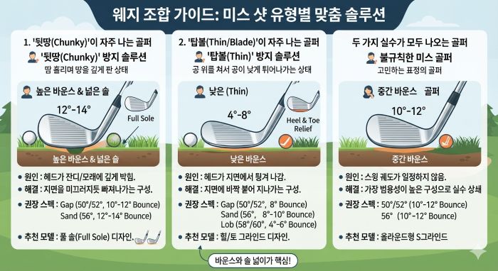 미스 샷 유형 (뒷땅 또는 탑볼)에 맞는 구체적인 웨지 조합 추천