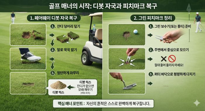  골프 매너의 시작!! 디봇 자국 복구와 피치마크 정리